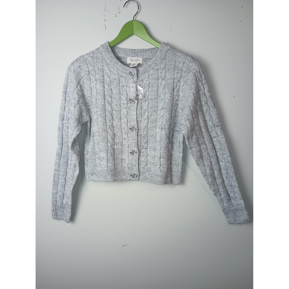 Jessica Simpson Womens Grey Cable Knit Cropped Cardigan Silver Bow Pins XS